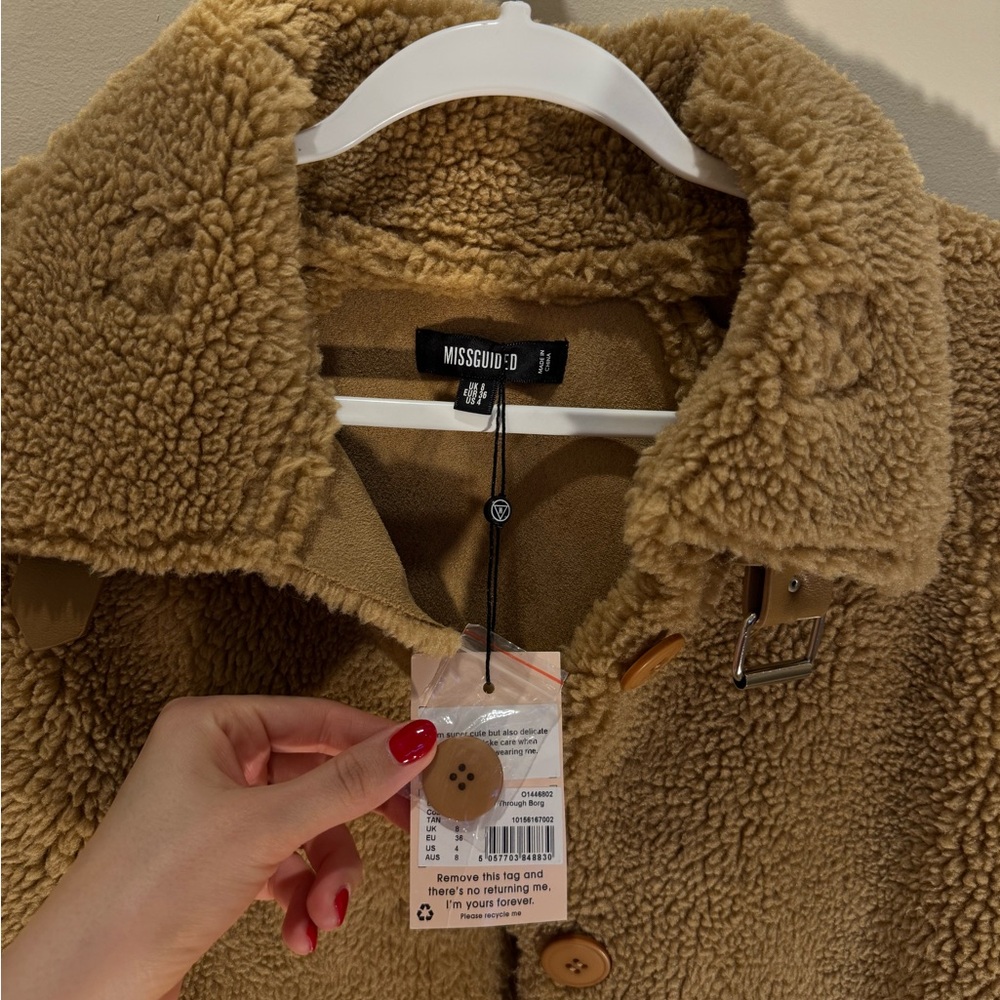 Missguided Teddy Coat in Tan with Leather Cuff Trim, Size 4 NWT